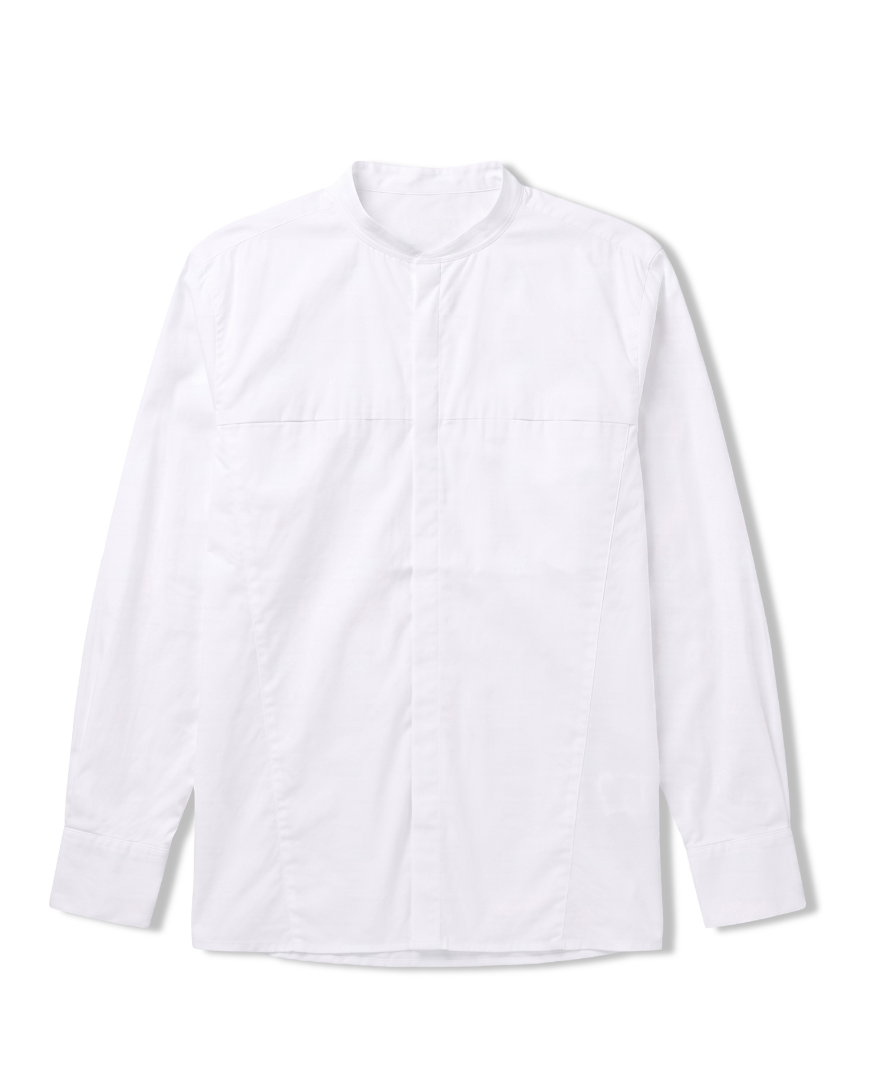 White stretch cotton button-up shirt, front view
