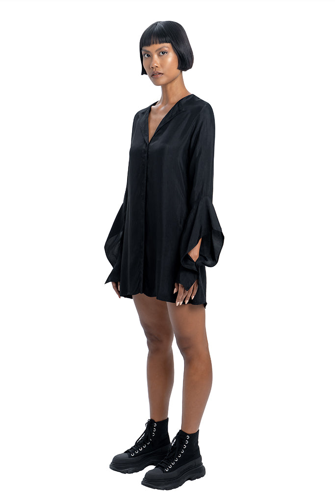 Viscose dress, japanese dress, Conceptual Women Clothing, Black Button-Up Collar dress