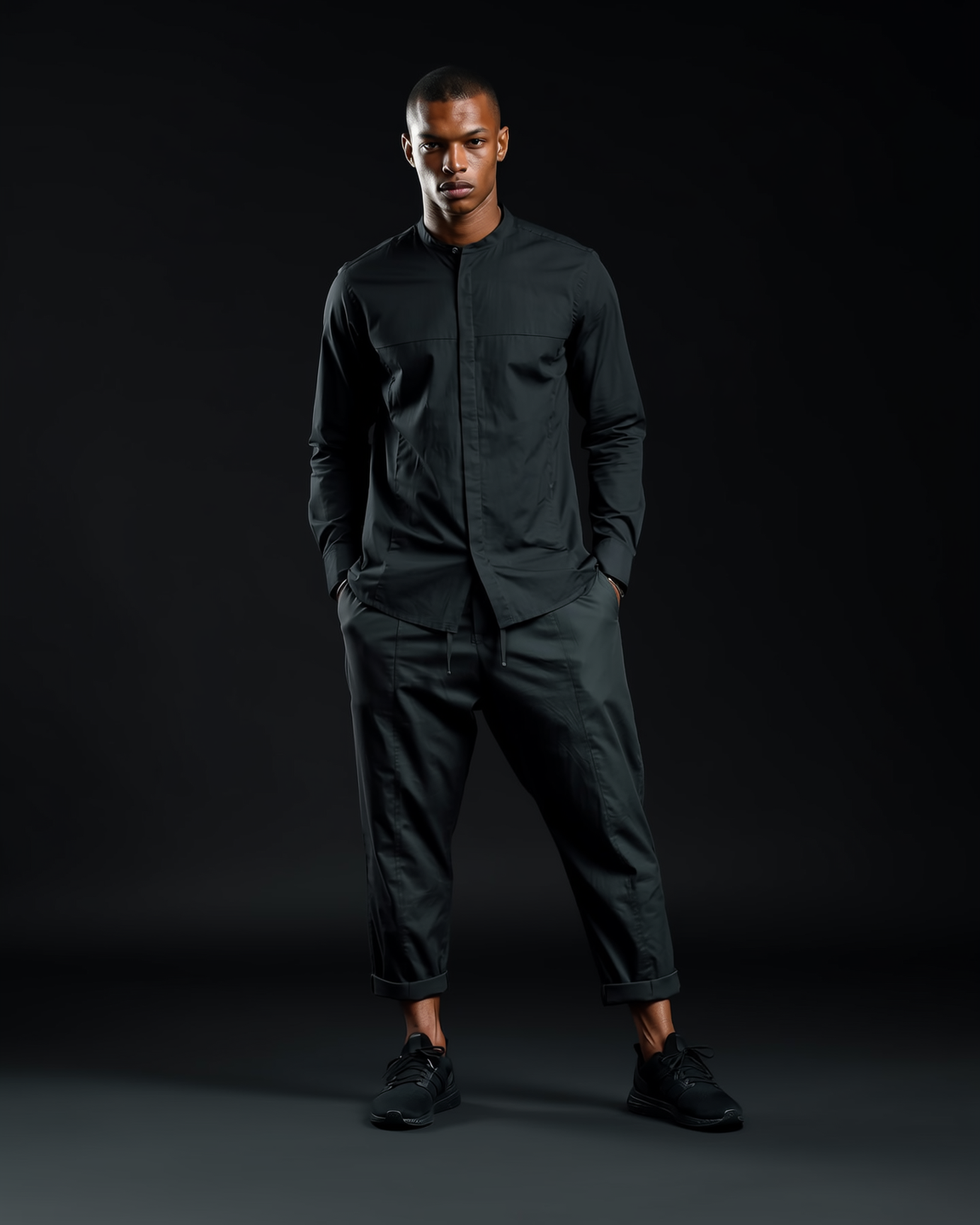 Black stretch cotton button-up shirt, back view