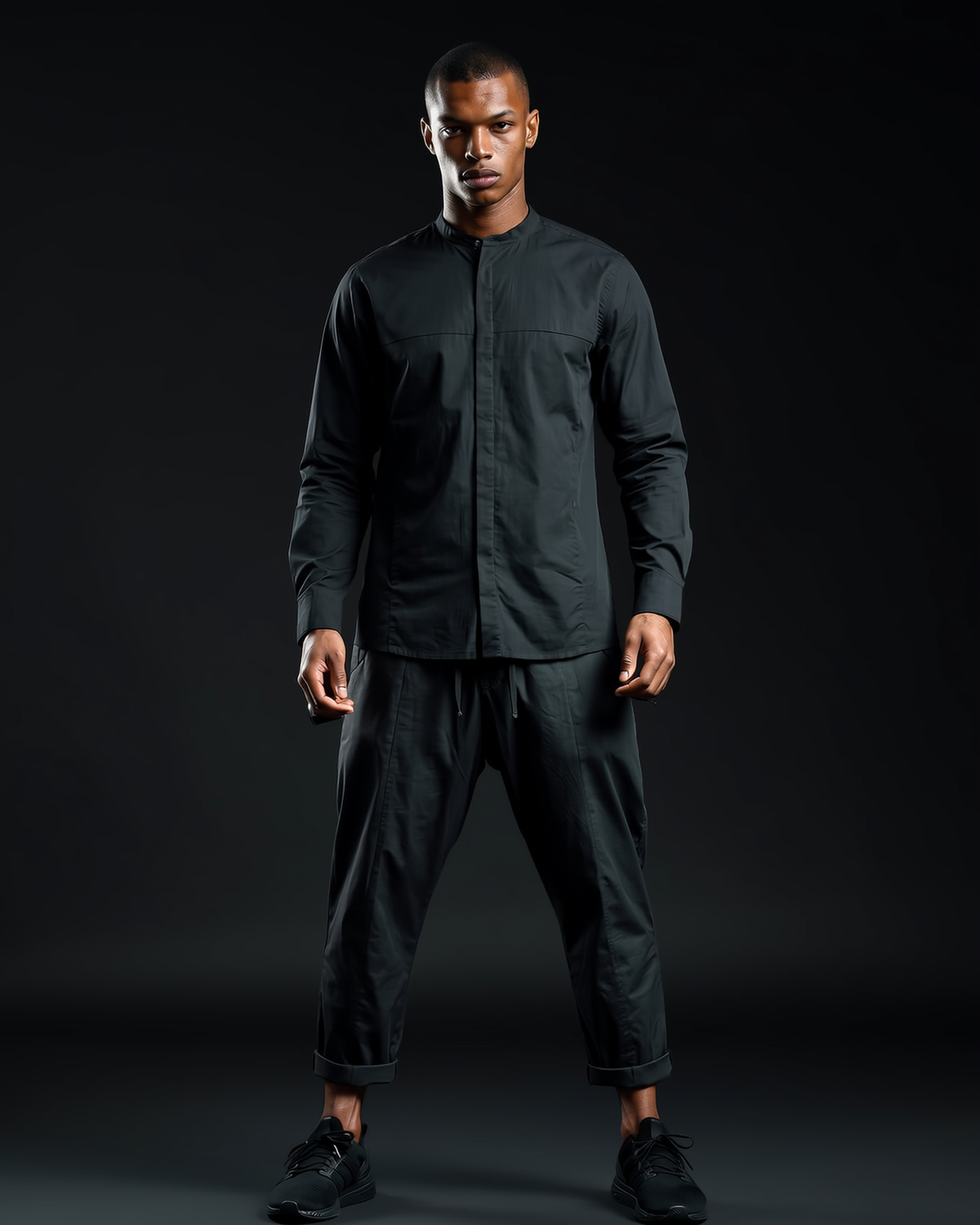 Black stretch cotton button-up shirt, editorial view