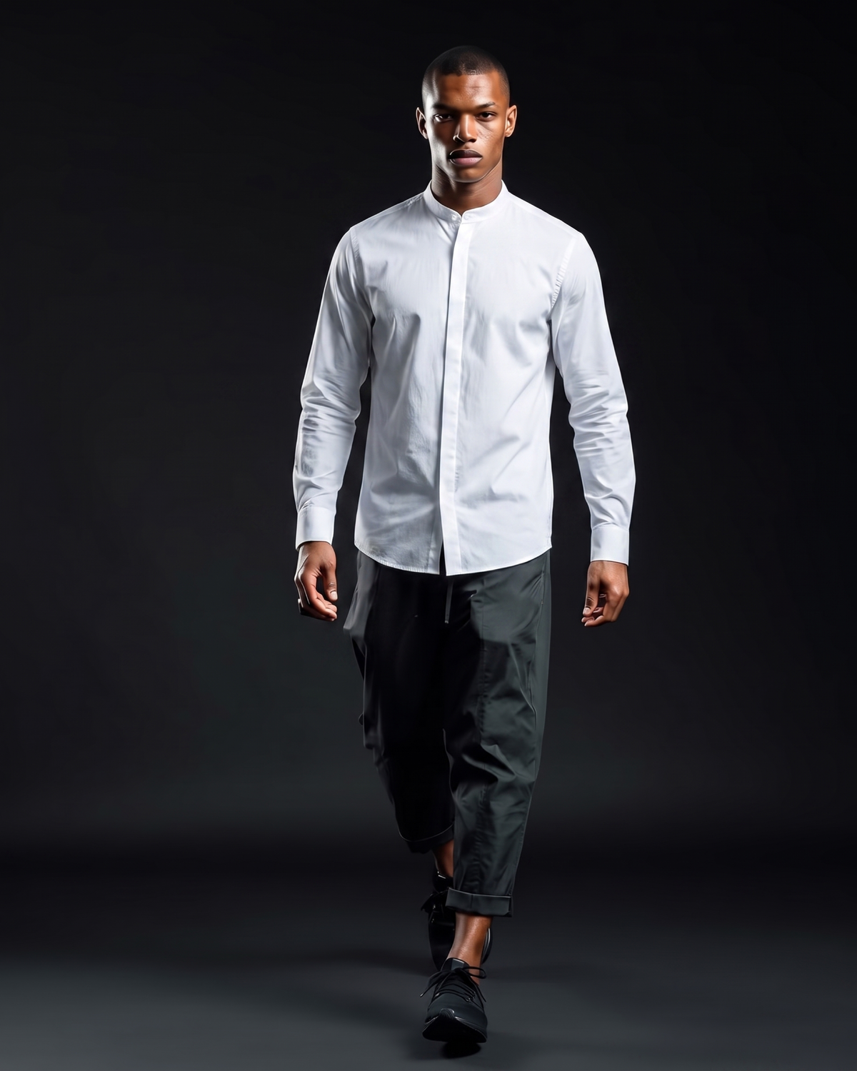 White stretch cotton button-up shirt, back view