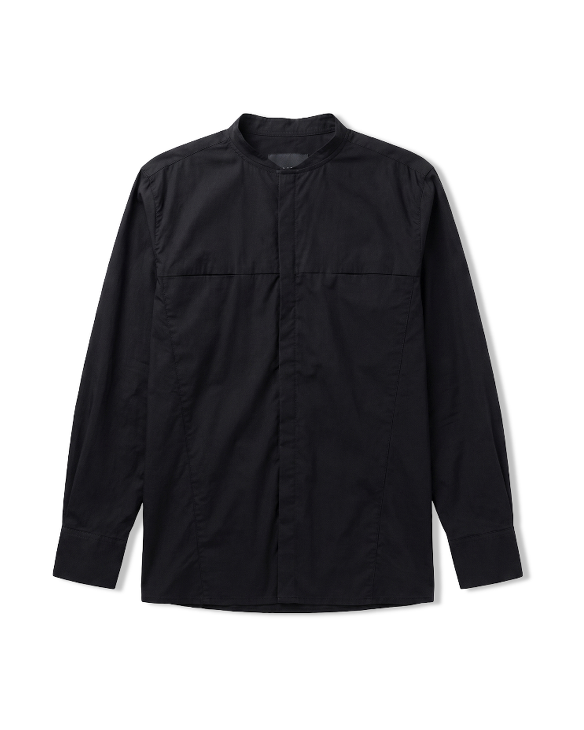 Black stretch cotton button-up shirt, front view
