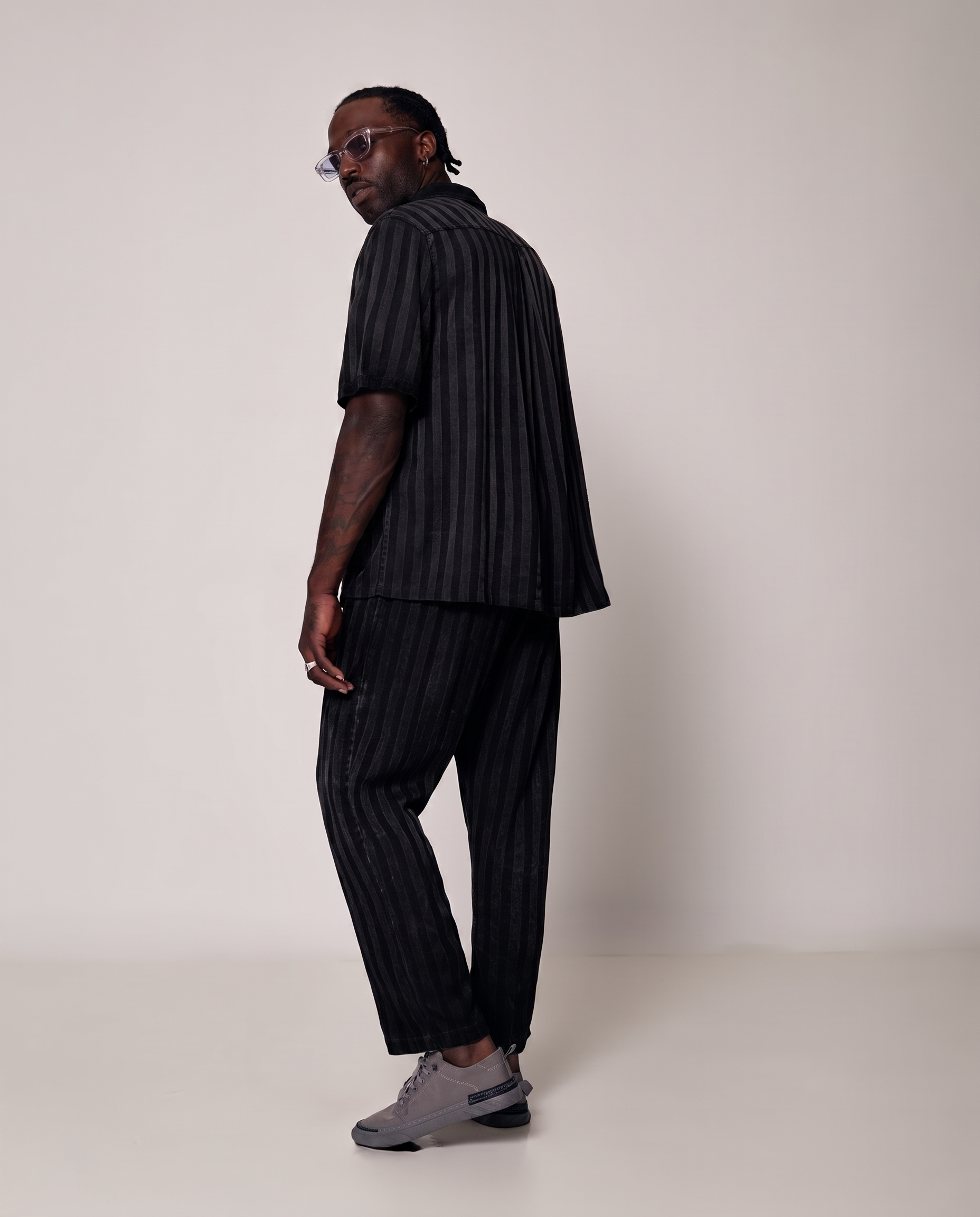 Stripy Pants with elastic drawstring in black