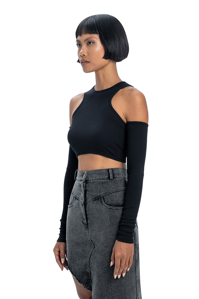 Rib top with sleeves in black - DESU clothing