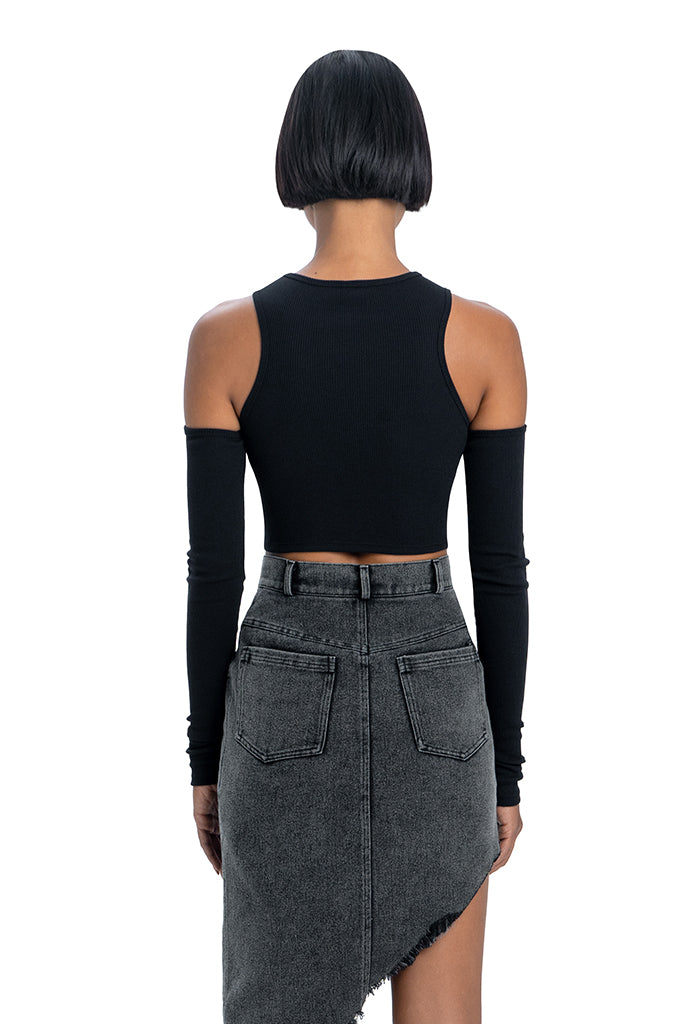 Rib top with sleeves in black - DESU clothing