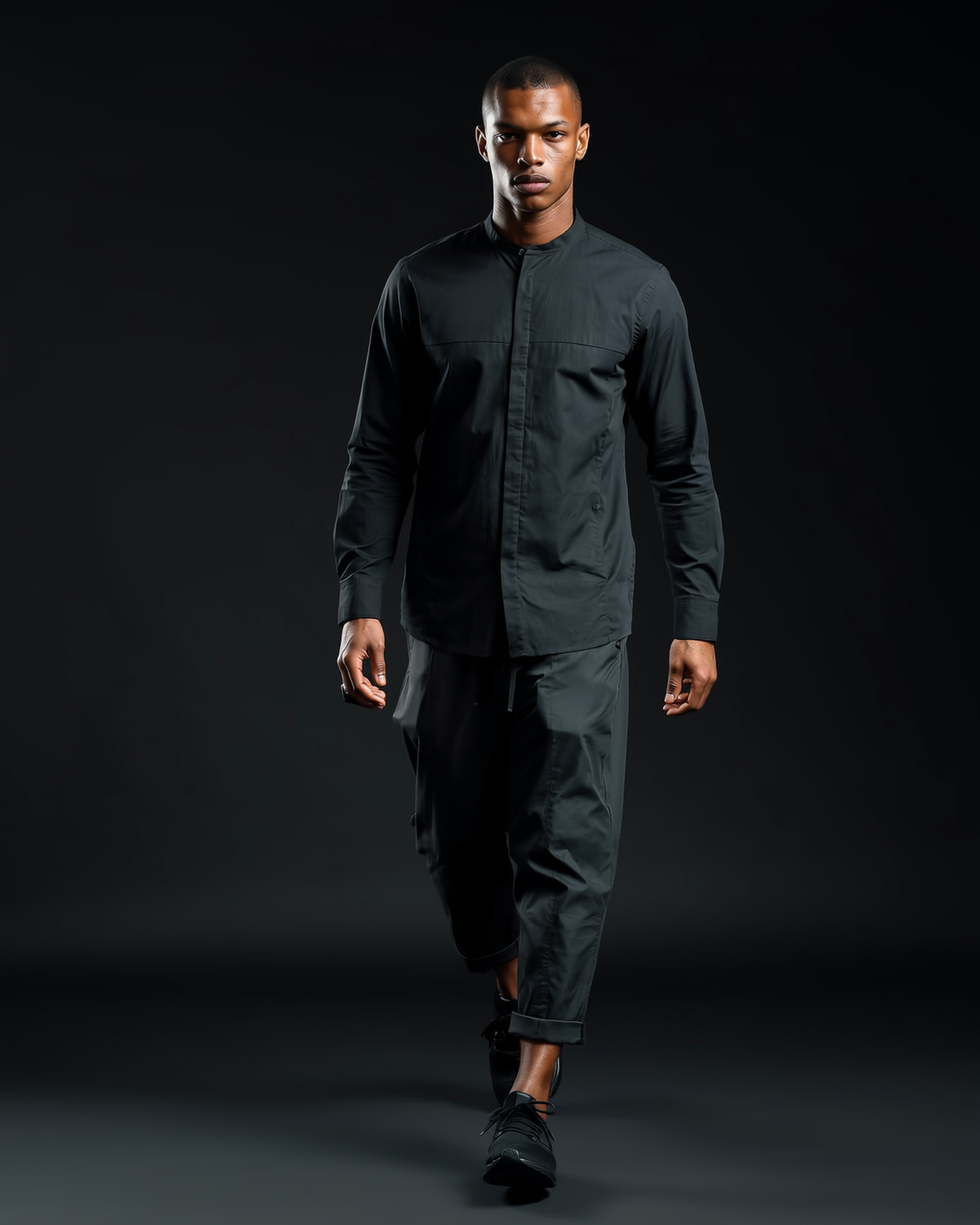 Black stretch cotton button-up shirt, back detail