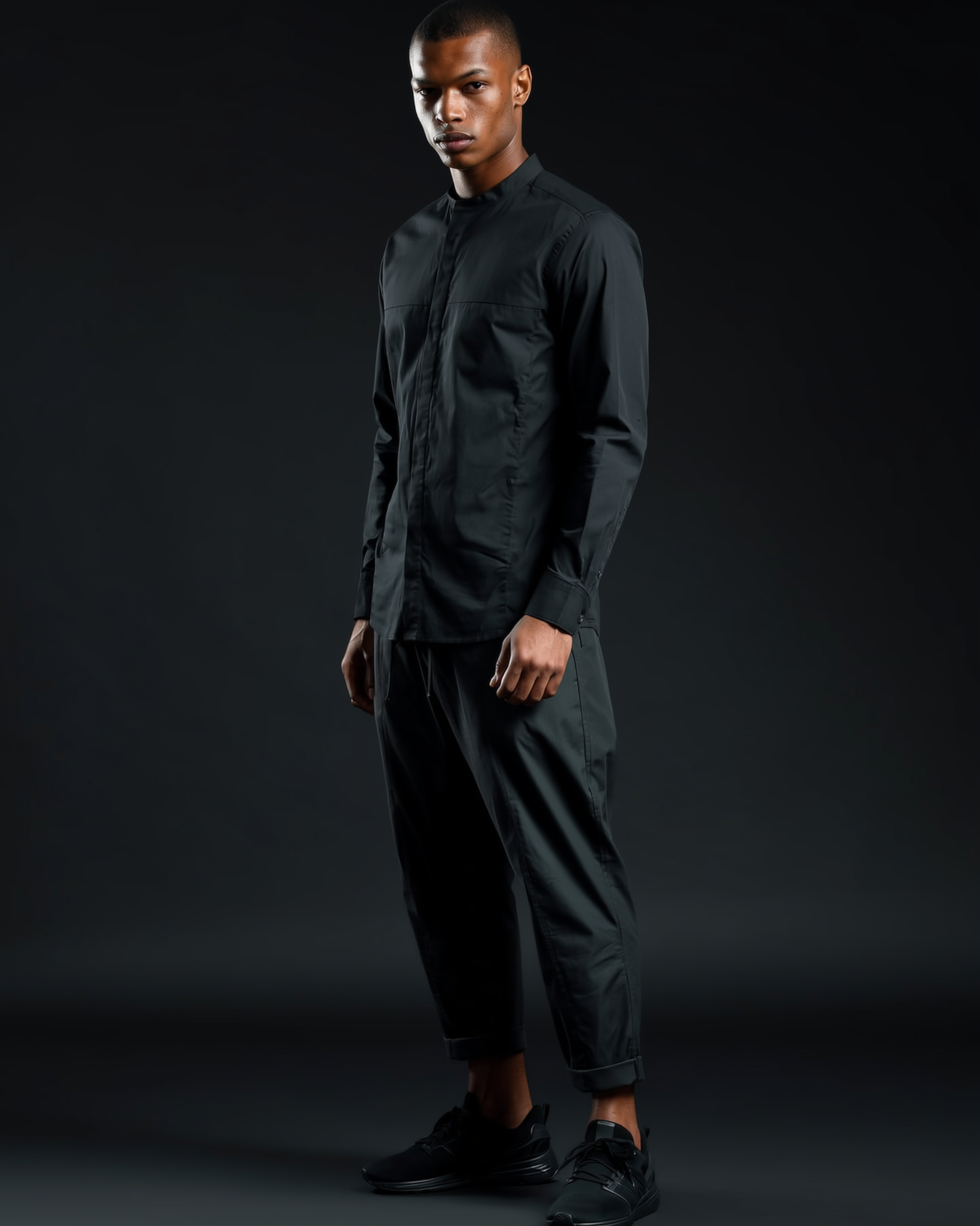 Black stretch cotton button-up shirt, editorial detail