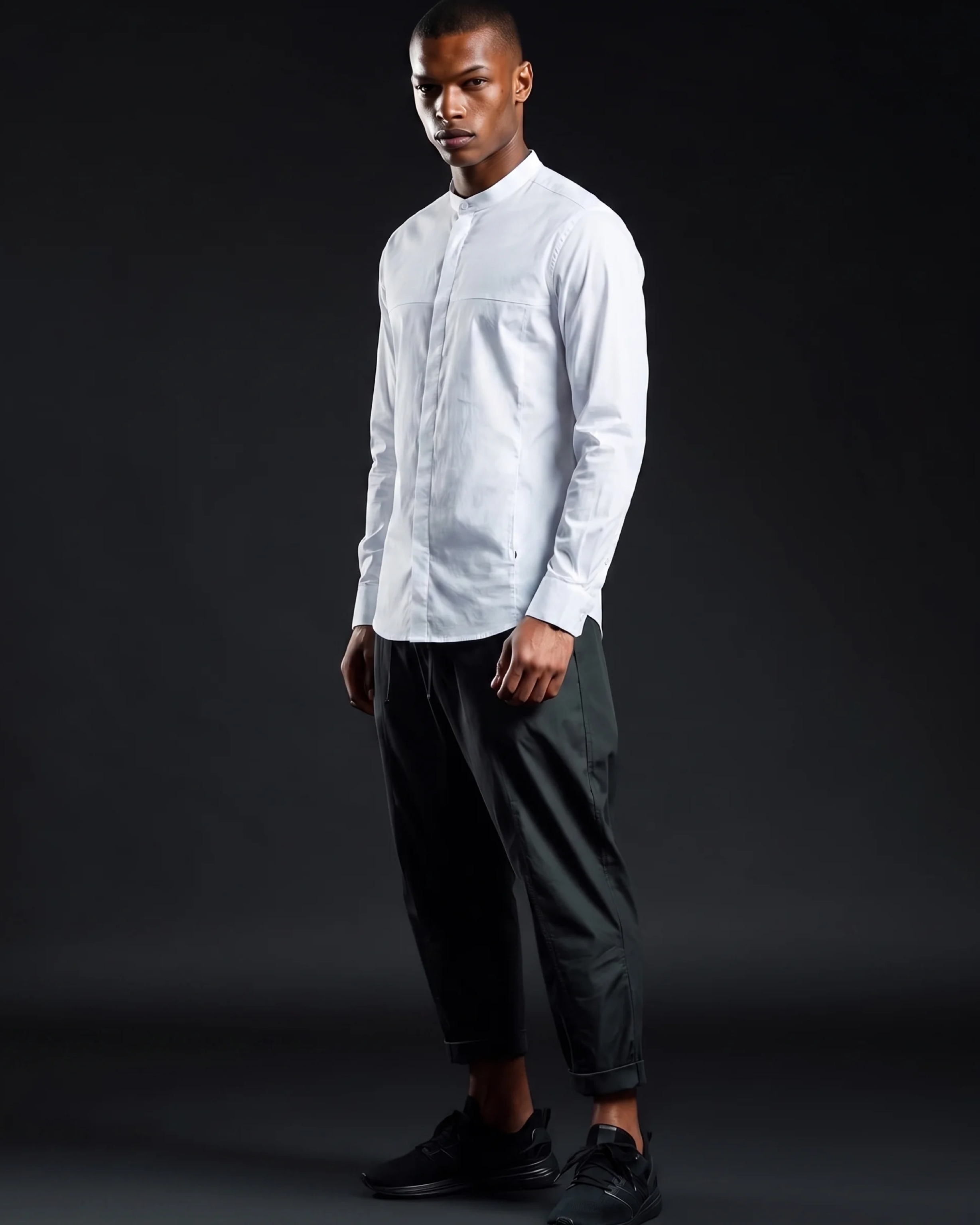 White stretch cotton button-up shirt, front view